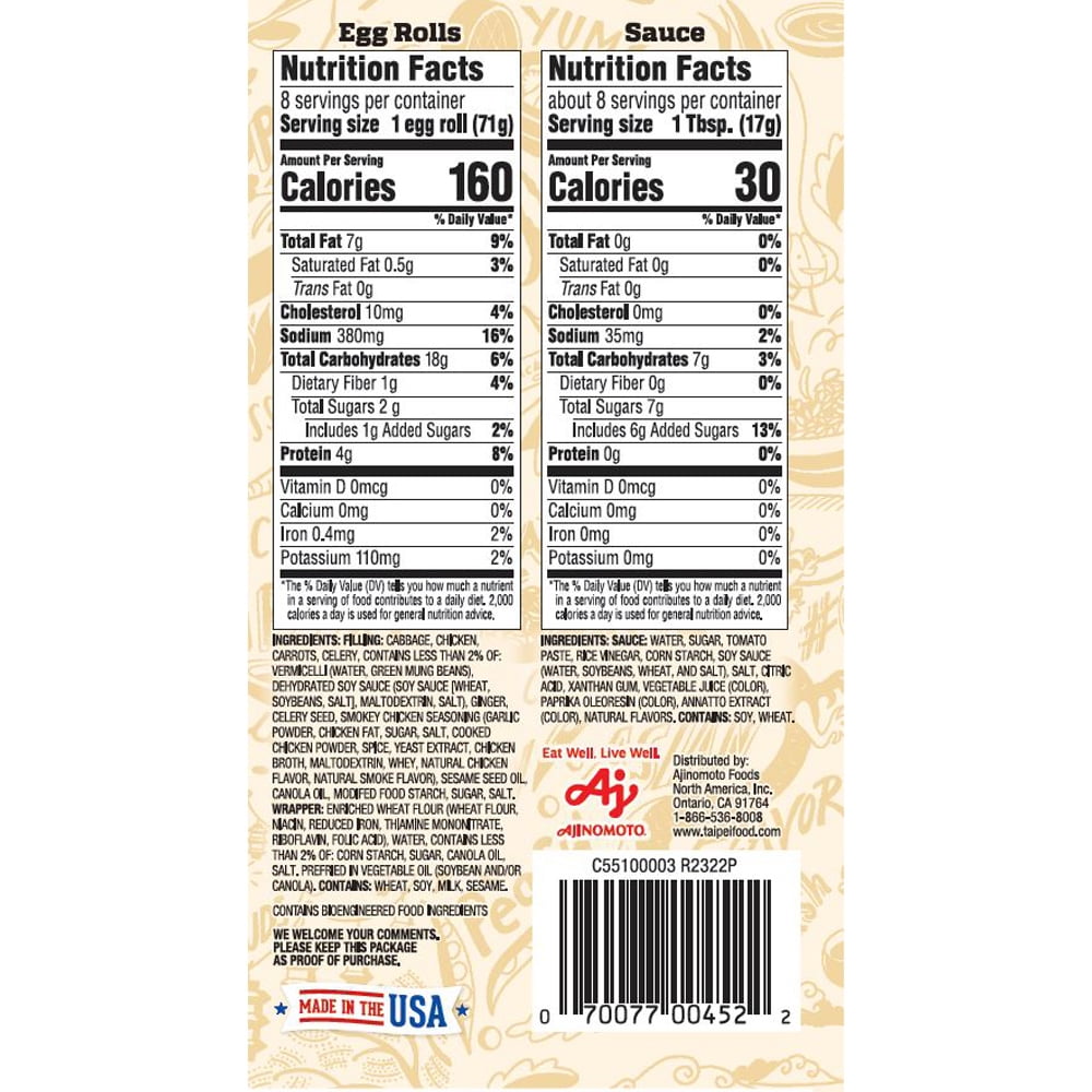 Tai Pei Chicken Egg Rolls Frozen Asian Appetizers 8 Count 24.5 Oz
