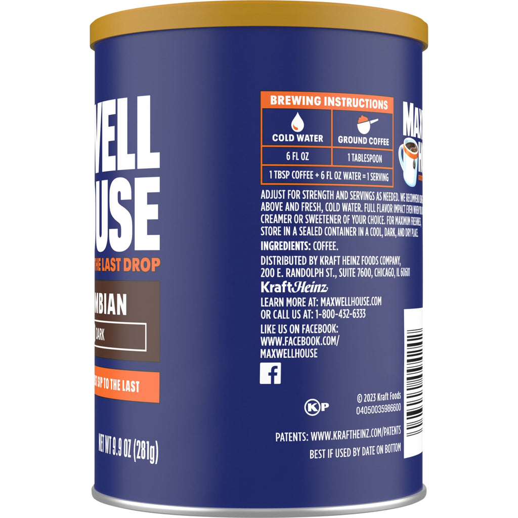 Maxwell House 100% Colombian Naturally Caffeinated Medium Roast Ground Coffee 9.9 oz Canister