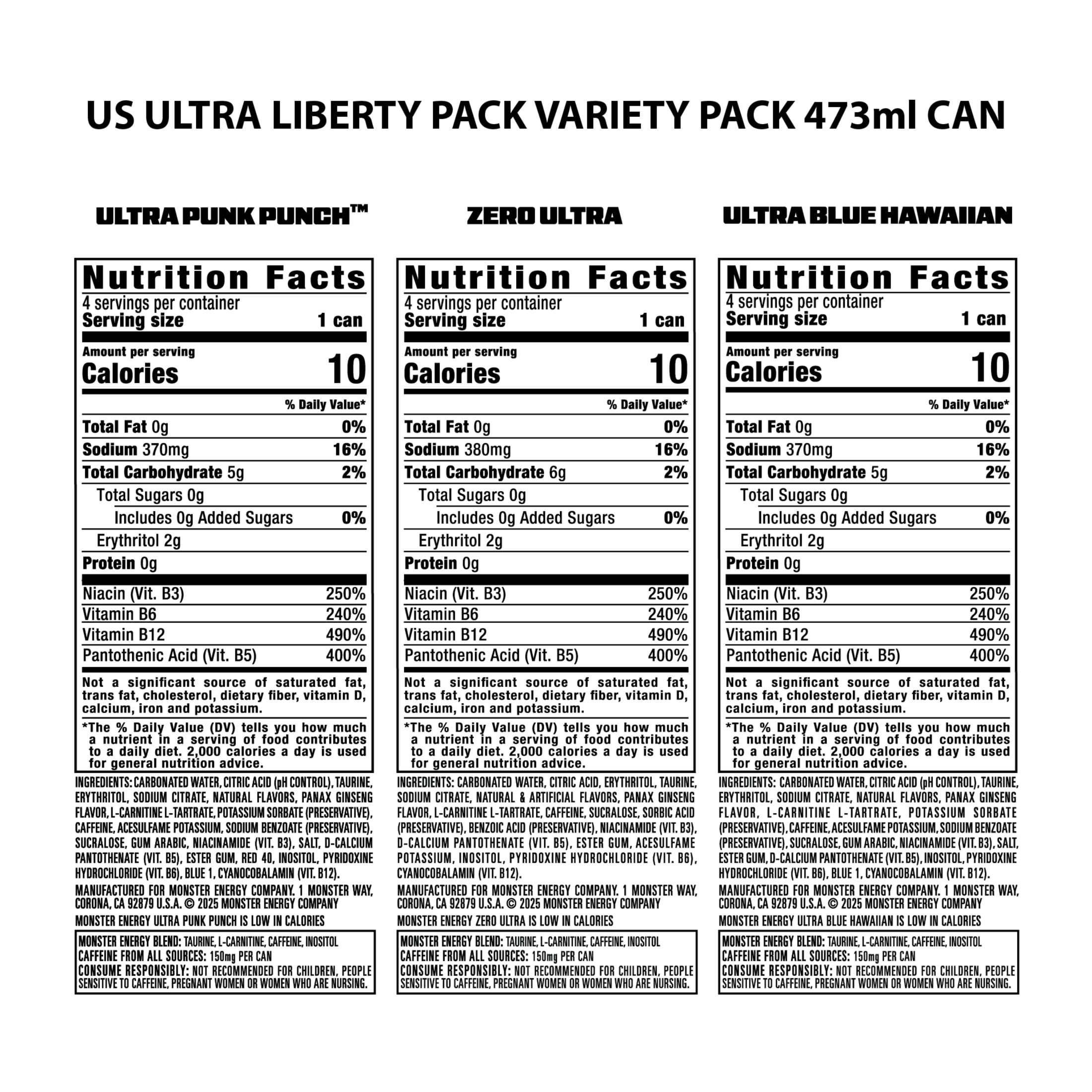Monster Energy Ultra Variety Pack Sugar Free Energy Drink 16 fl oz 12 Pack Cans