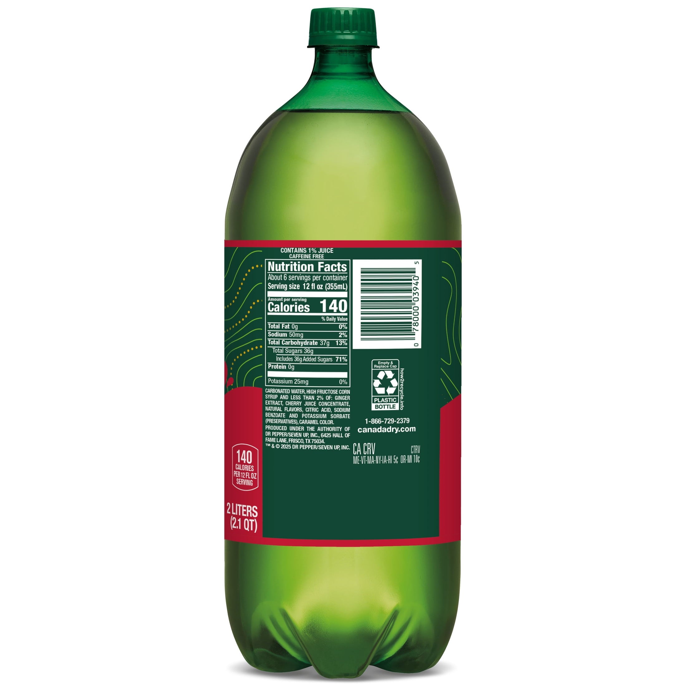 Canada Dry Caffeine Free Fruit Splash Cherry Ginger Ale Soda Pop Bottle 2 L
