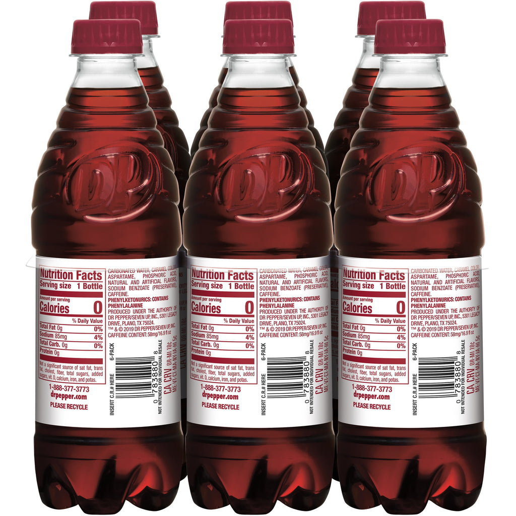 Diet Dr Pepper Soda Pop Bottles 16.9 Fl Oz 6 Pack