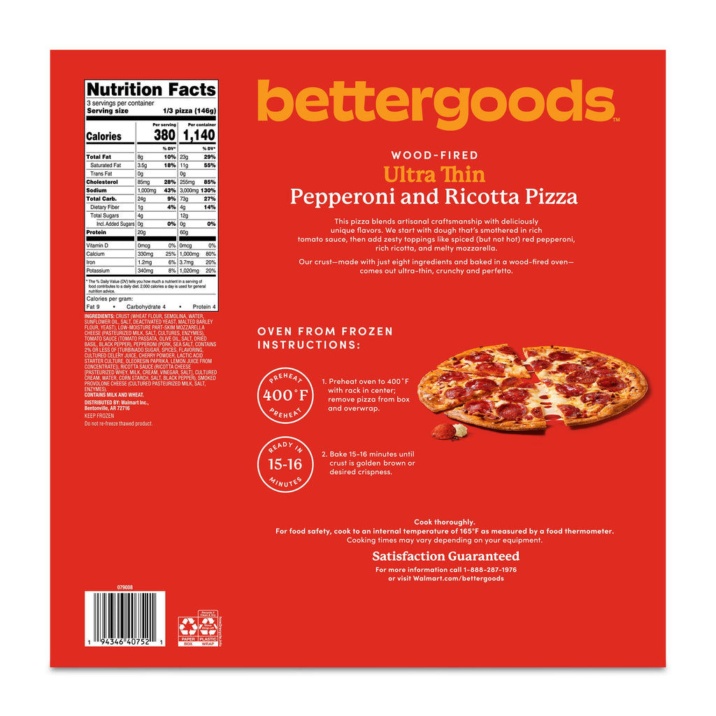 Bettergoods Wood-Fired Ultra Thin Pepperoni and Ricotta Frozen Pizza 15.45 Oz