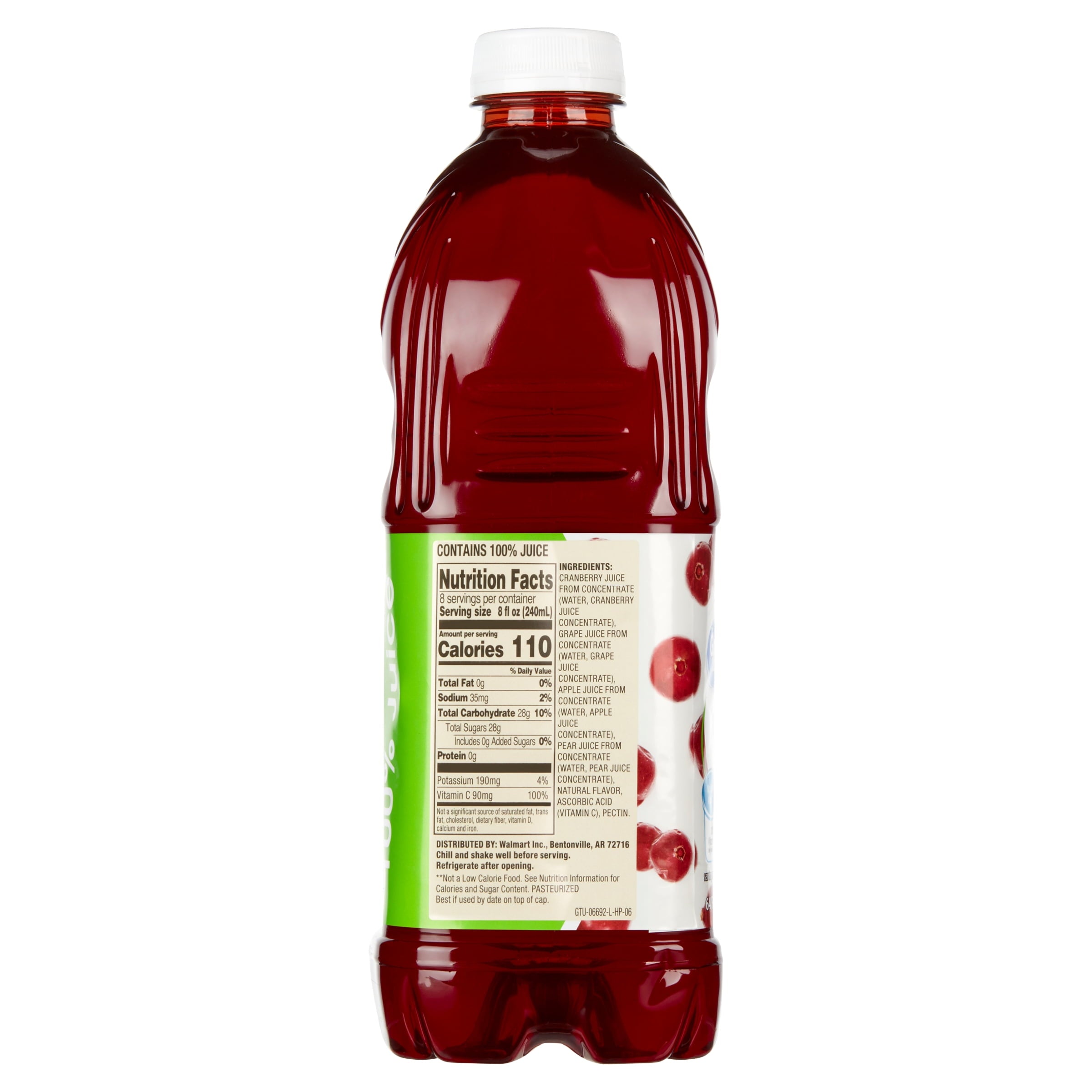 Great Value 100% Juice Cranberry Blend 64 fl oz Bottle