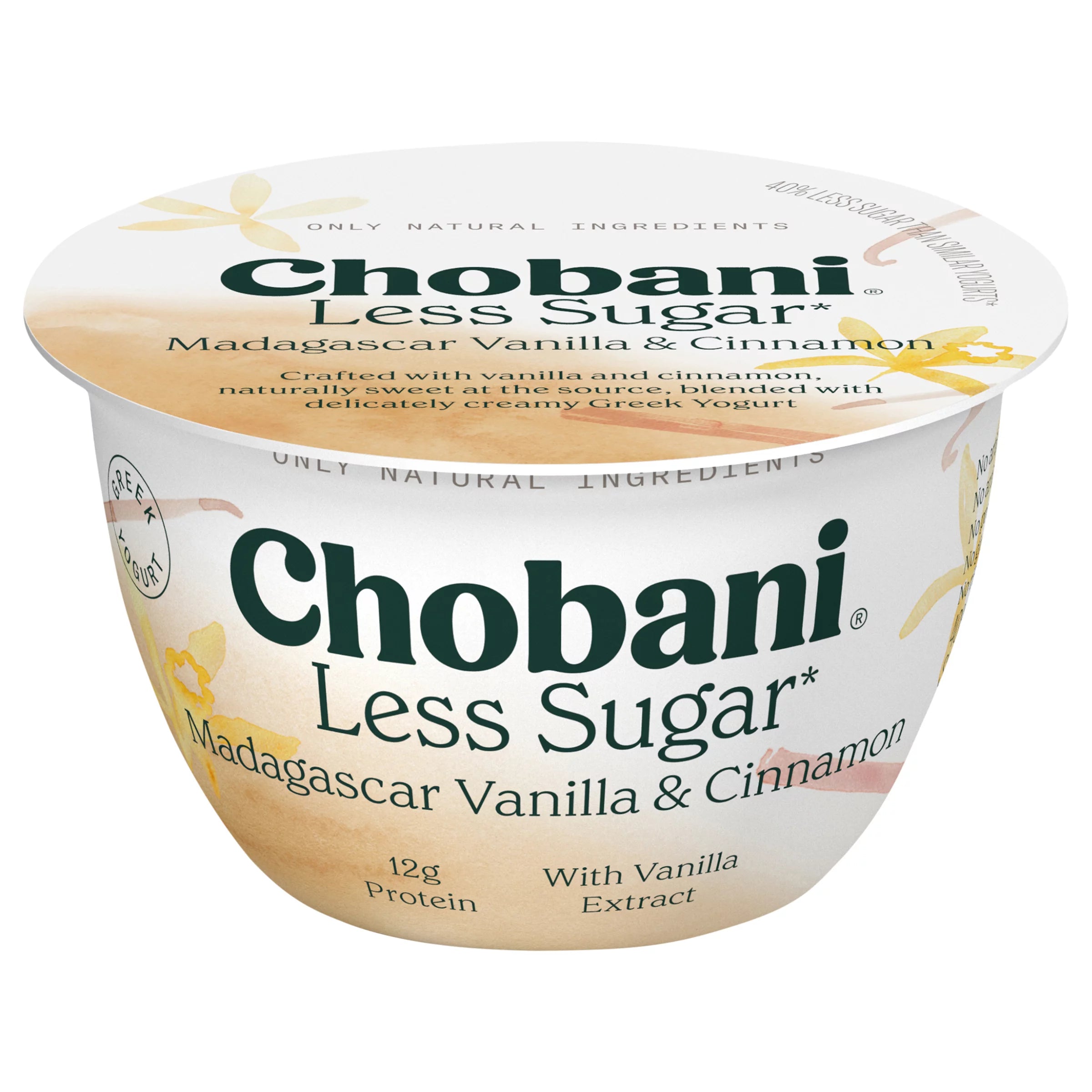Chobani Less Sugar Low-Fat Greek Yogurt Madagascar Vanilla & Cinnamon Reduced Fat Less Sugar Greek Yogurt 5.3 ounce