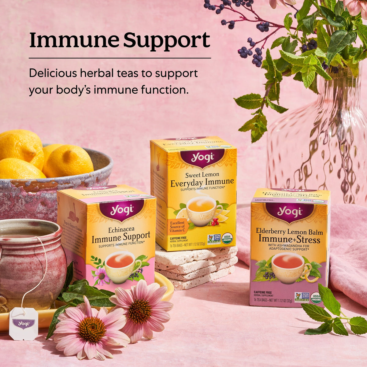 Yogi Elderberry Lemon Balm Immune Plus Stress Organic Herbal Wellness Tea Bags Caffeine-Free 16 Count