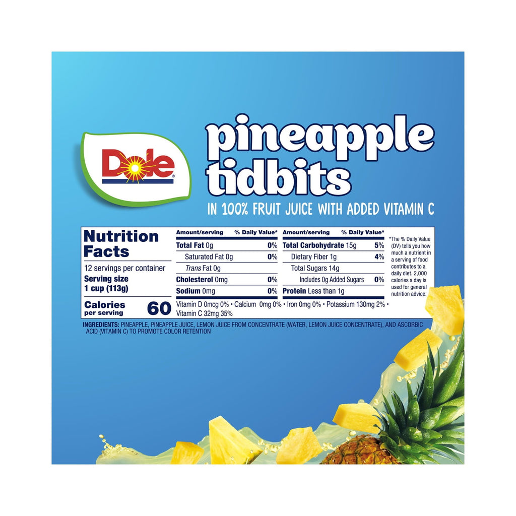 Dole Fruit Bowls Pineapple Paradise Tidbits in 100% Fruit Juice 4 oz Cups 12 Pack