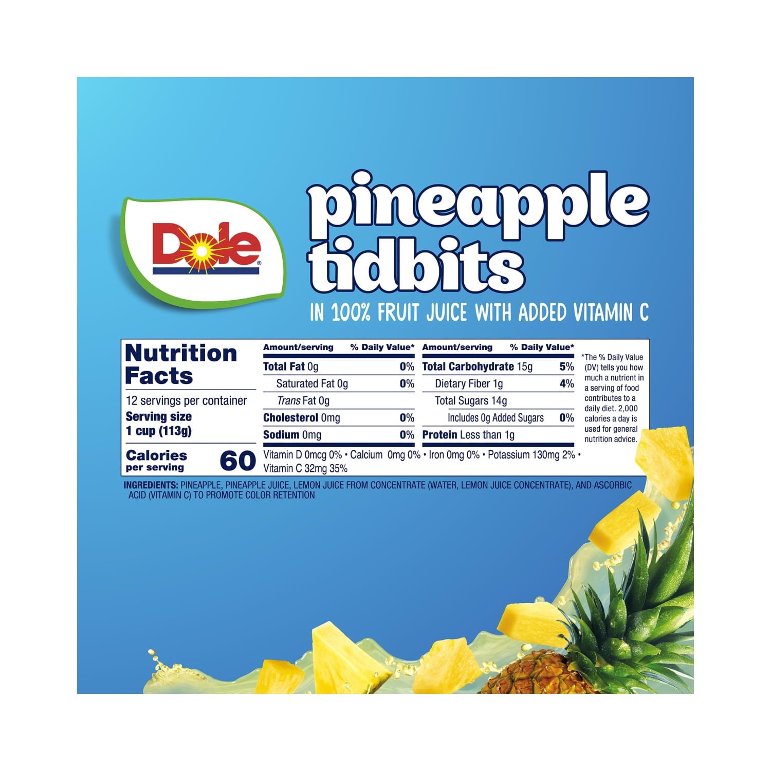 Dole Fruit Bowls Pineapple Paradise Tidbits in 100% Fruit Juice 4 oz Cups 12 Pack