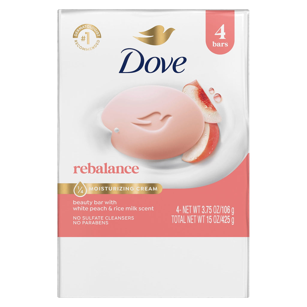 Dove Rebalancing Beauty Bar Soap White Peach & Rice Milk Moisturizing Cleanser 3.75 oz 4 Bars