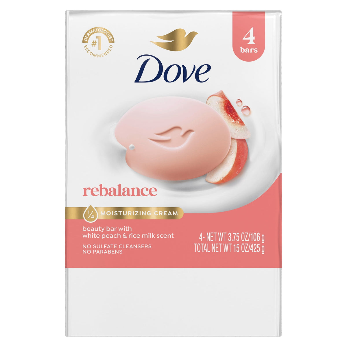 Dove Rebalancing Beauty Bar Soap White Peach & Rice Milk Moisturizing Cleanser 3.75 oz 4 Bars