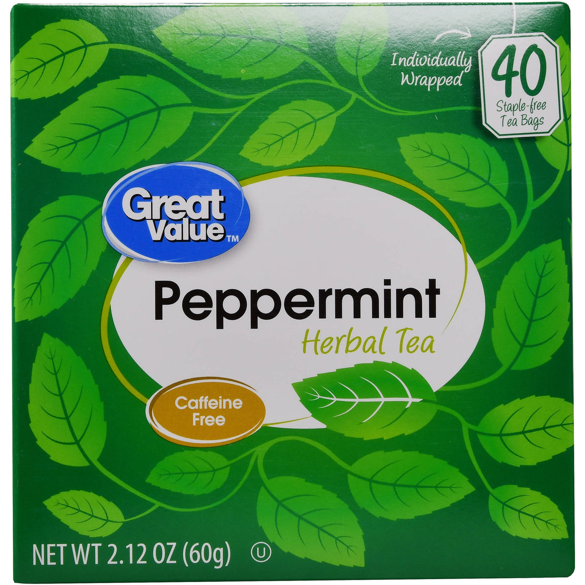 Great Value Peppermint Herbal Tea Bags Caffeine Free 2.12 oz 40 Count