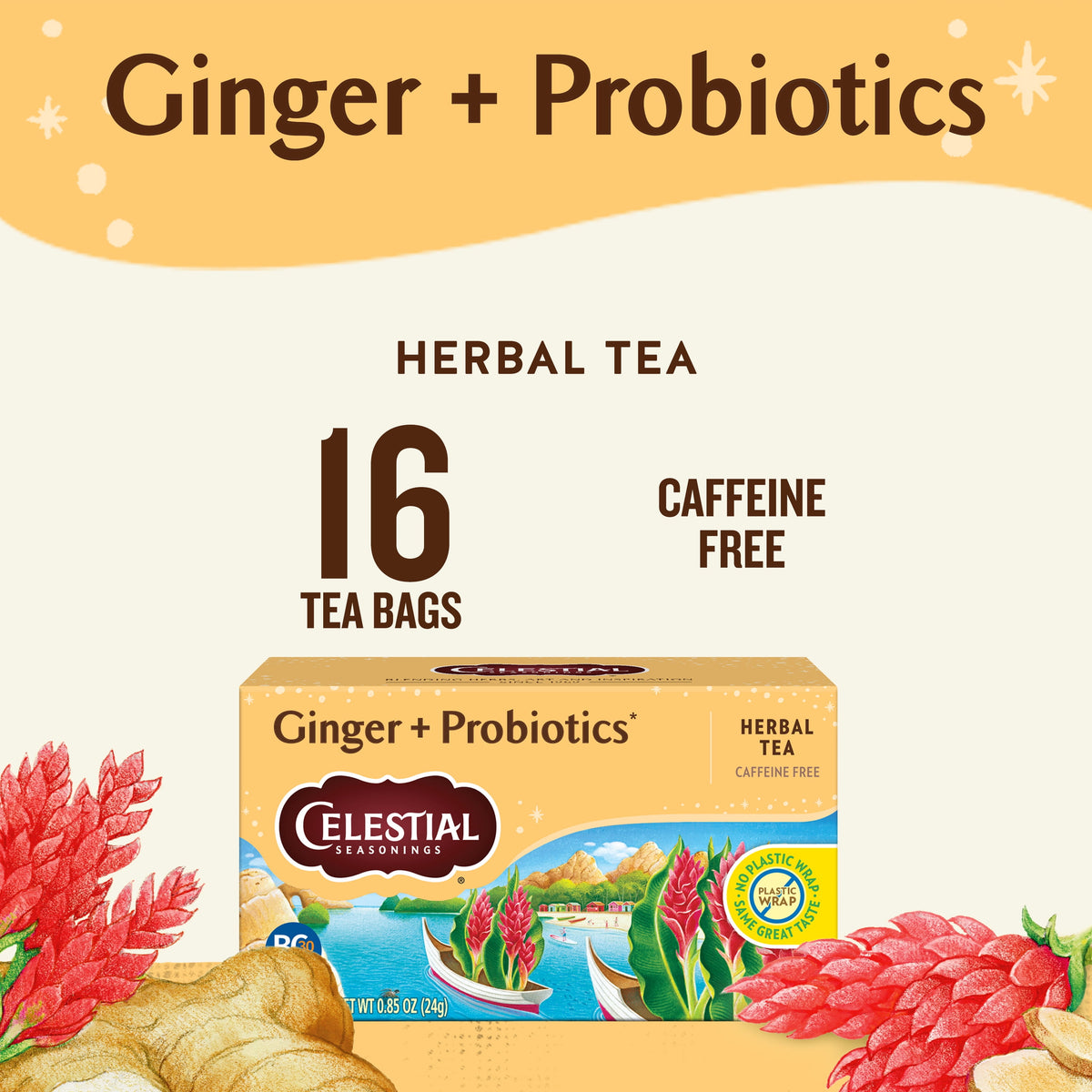 Celestial Seasonings Ginger Probiotics Caffeine-Free Herbal Tea Bags 0.85 oz 16 Count