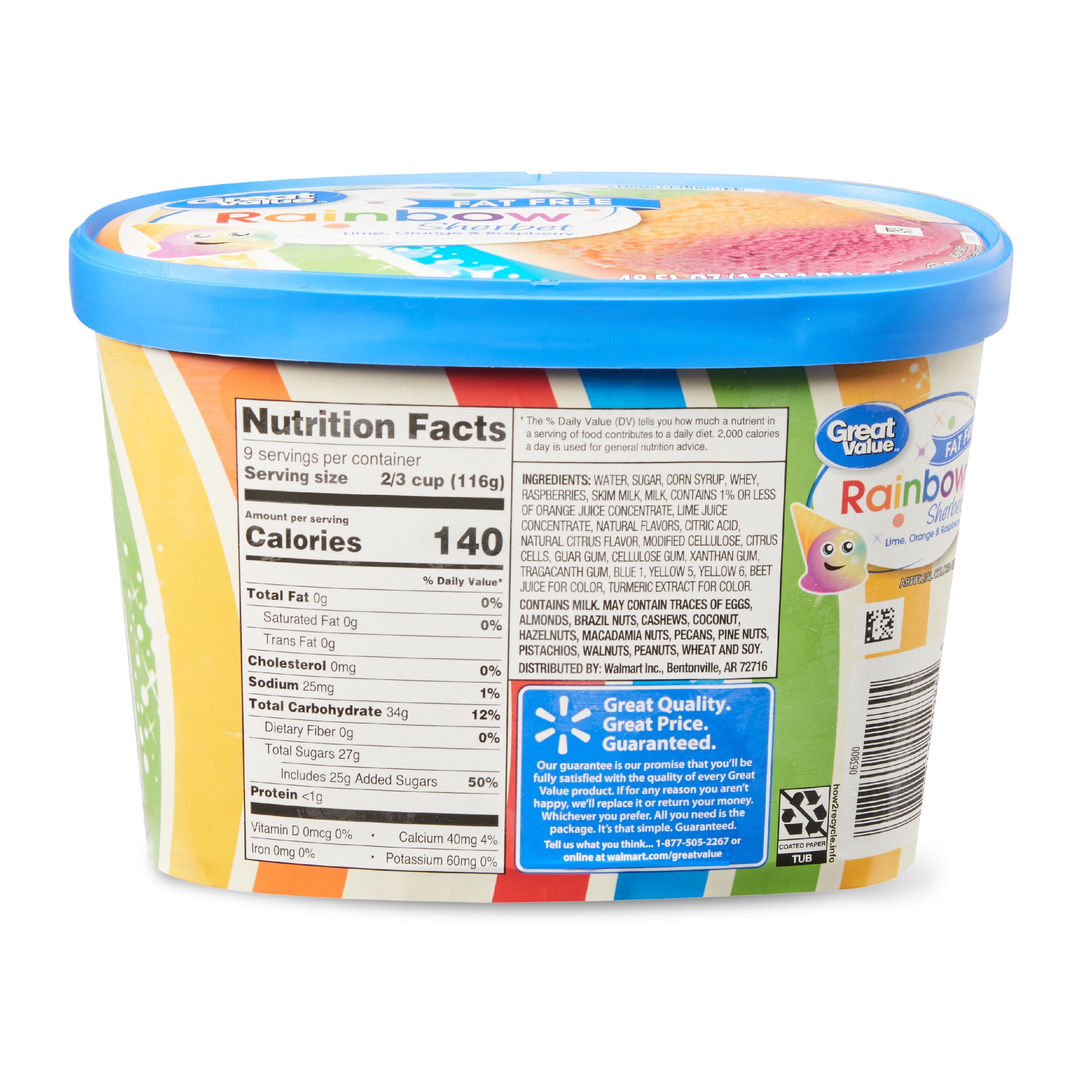 Great Value Fat Free Rainbow Sherbet 48 Fl Oz