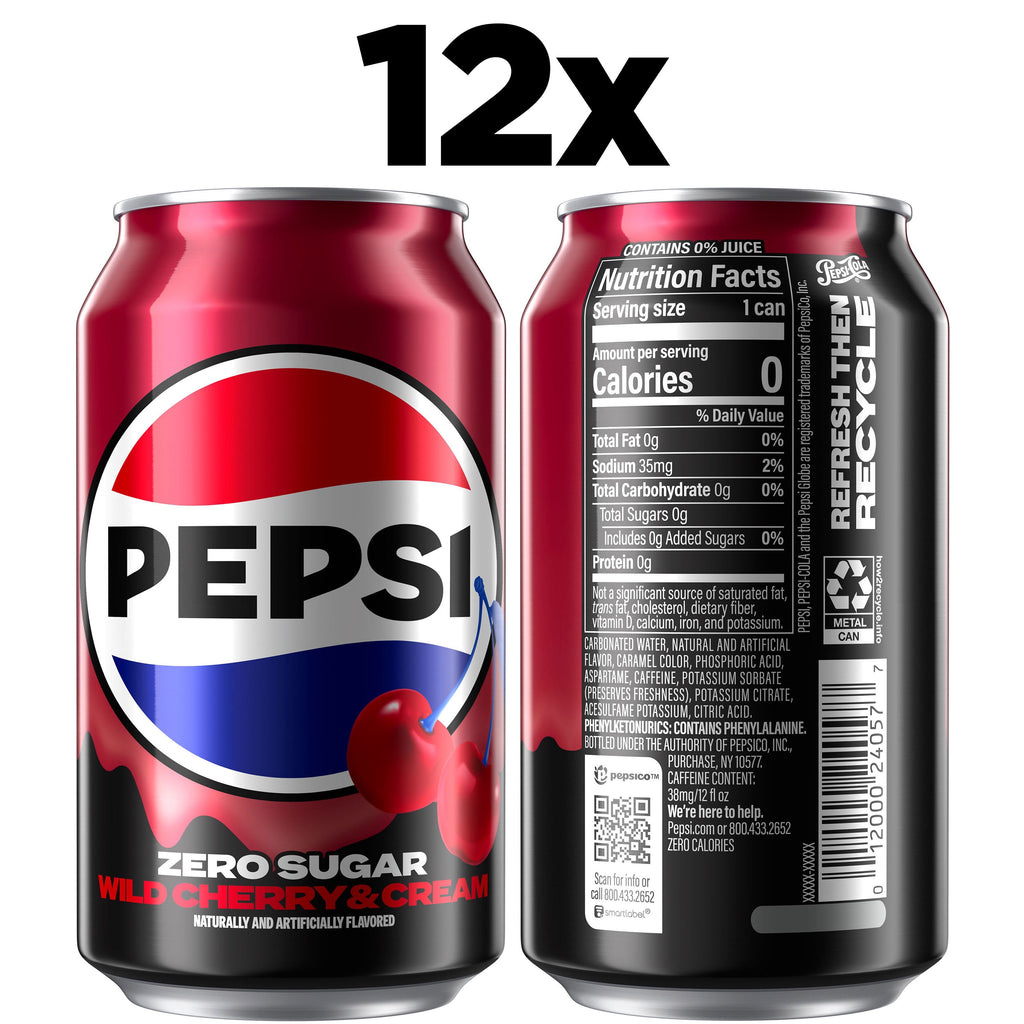 Pepsi Zero Sugar Wild Cherry & Cream Cola Soda Pop Cans 12 Fl Oz 12 Pack