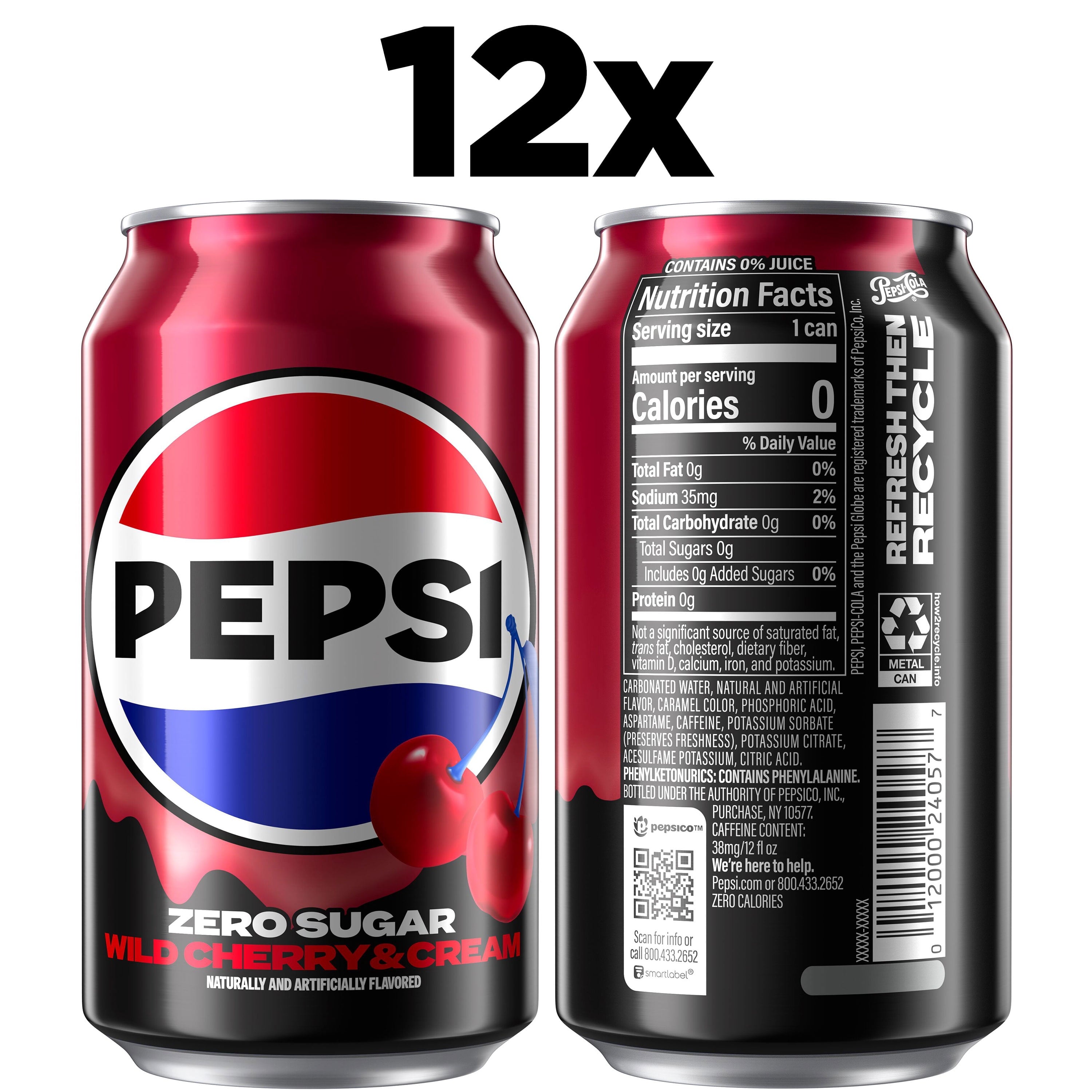 Pepsi Zero Sugar Wild Cherry & Cream Cola Soda Pop Cans 12 Fl Oz 12 Pack