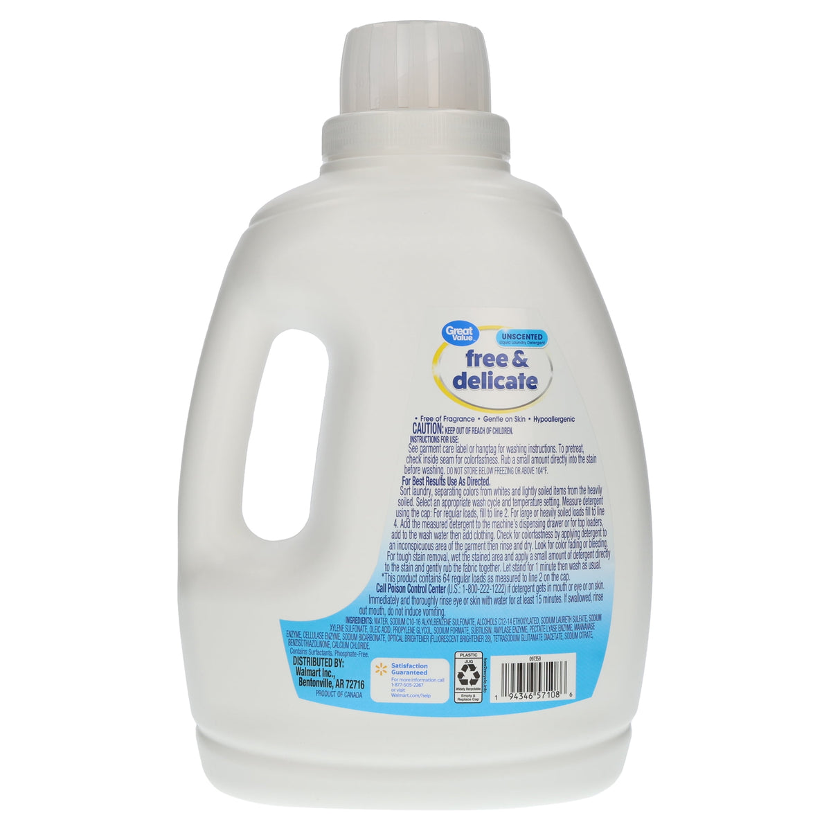 Great Value Free & Delicate Liquid Laundry Detergent Unscented 84 fl oz 64 Loads