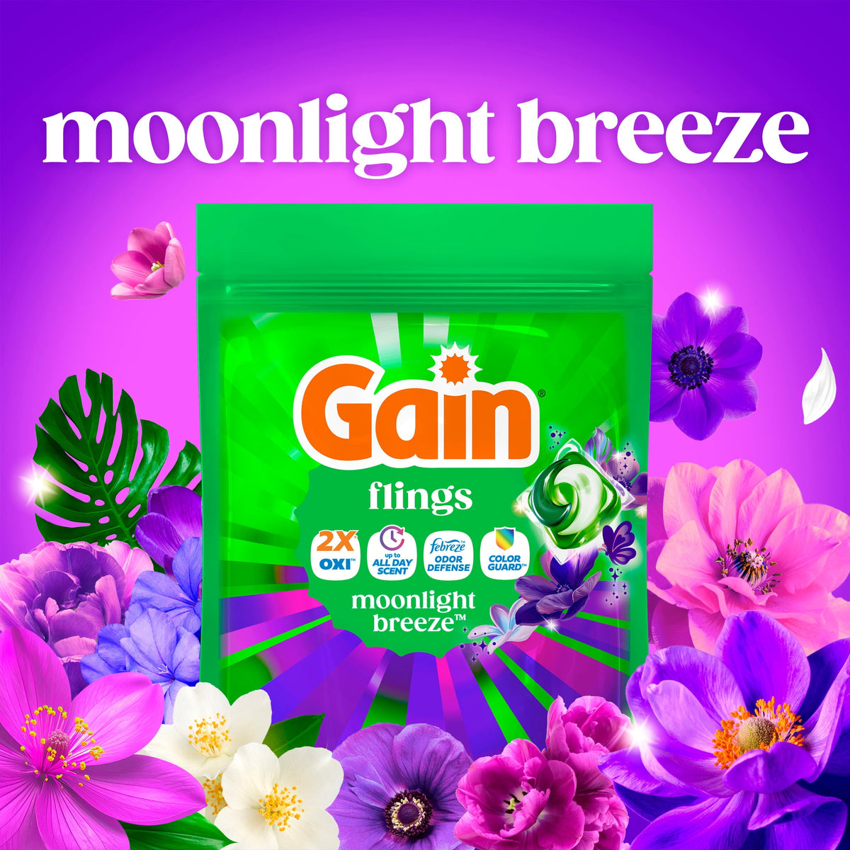 Gain Flings 4-in-1 Oxi Boost Febreze Laundry Detergent Pacs Moonlight Breeze 31 Count