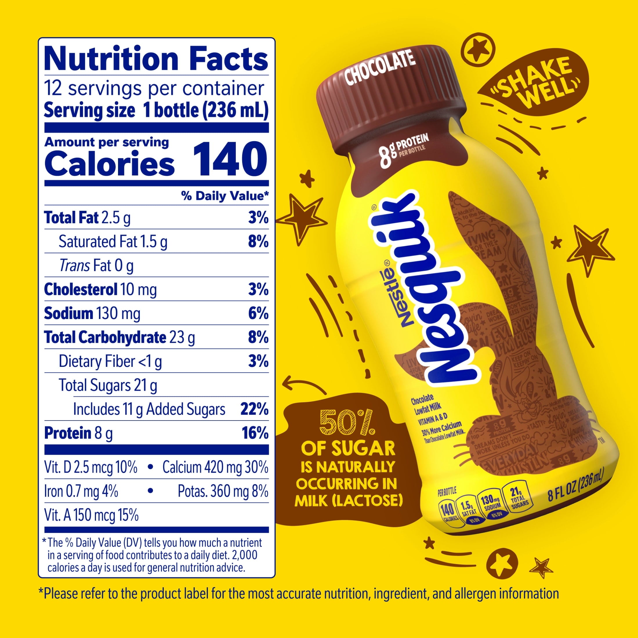 Nesquik Chocolate Low-Fat Milk Ready to Drink 8 fl oz Bottles 12 Pack