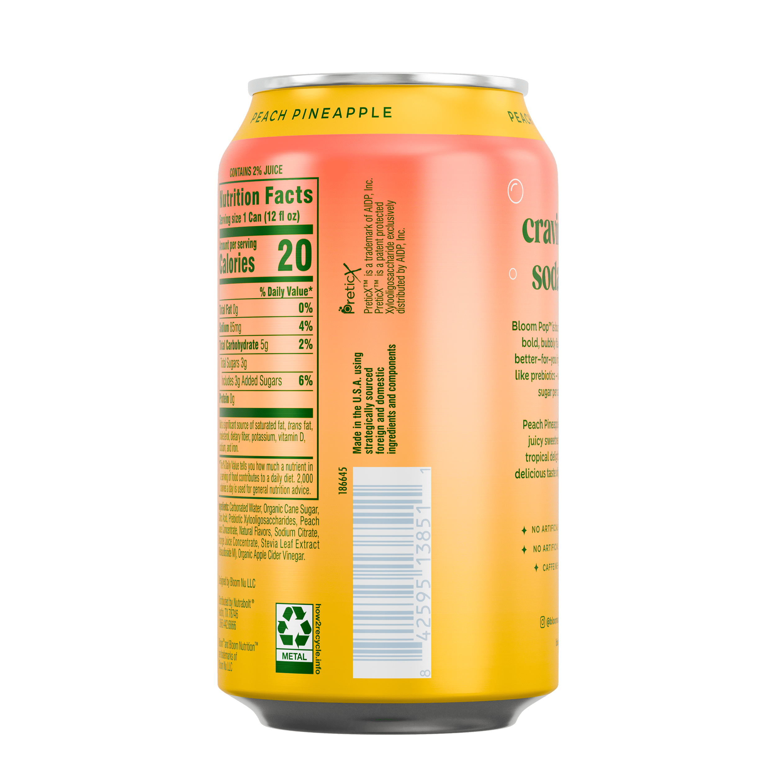 Bloom Nutrition Pop Prebiotic Soda Peach Pineapple Can 12 Fl Oz