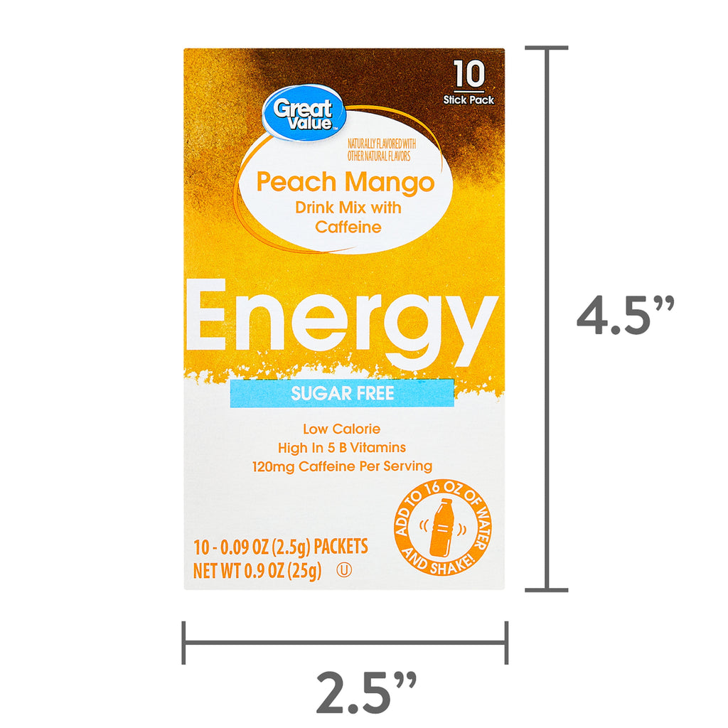 Great Value Energy Peach Mango Sugar-Free Caffeinated Drink Mix Packets 0.9 oz 10 Count