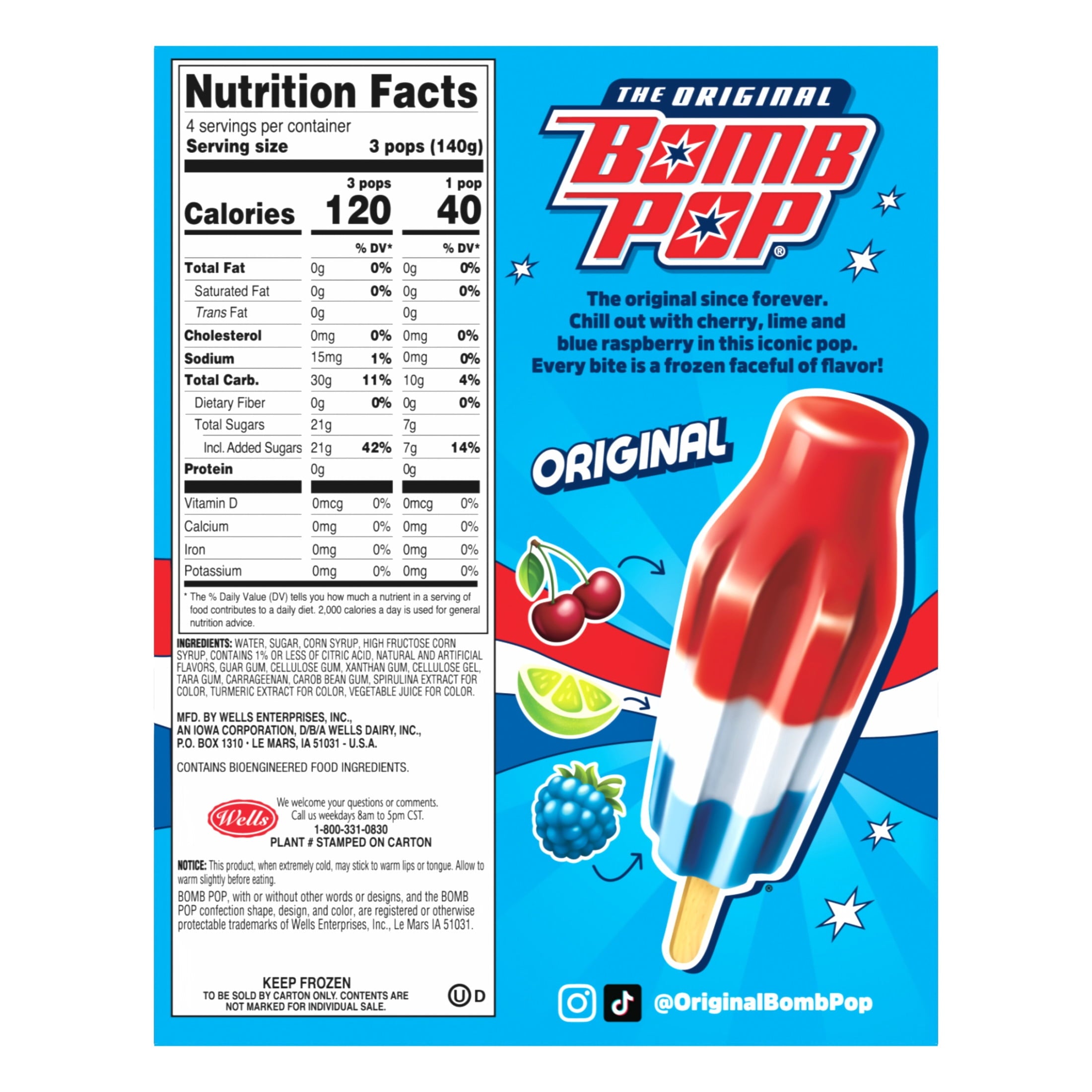 Bomb Pop Original Freeze Ice Pops Cherry Lime & Blue Raspberry 12 Count 21 Fl Oz
