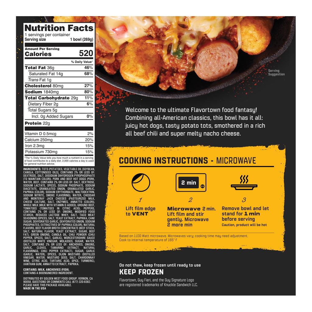 Guy Fieri's Flavortown Chili Cheese Dog Loaded Tots Frozen Bowl 9.5 Oz
