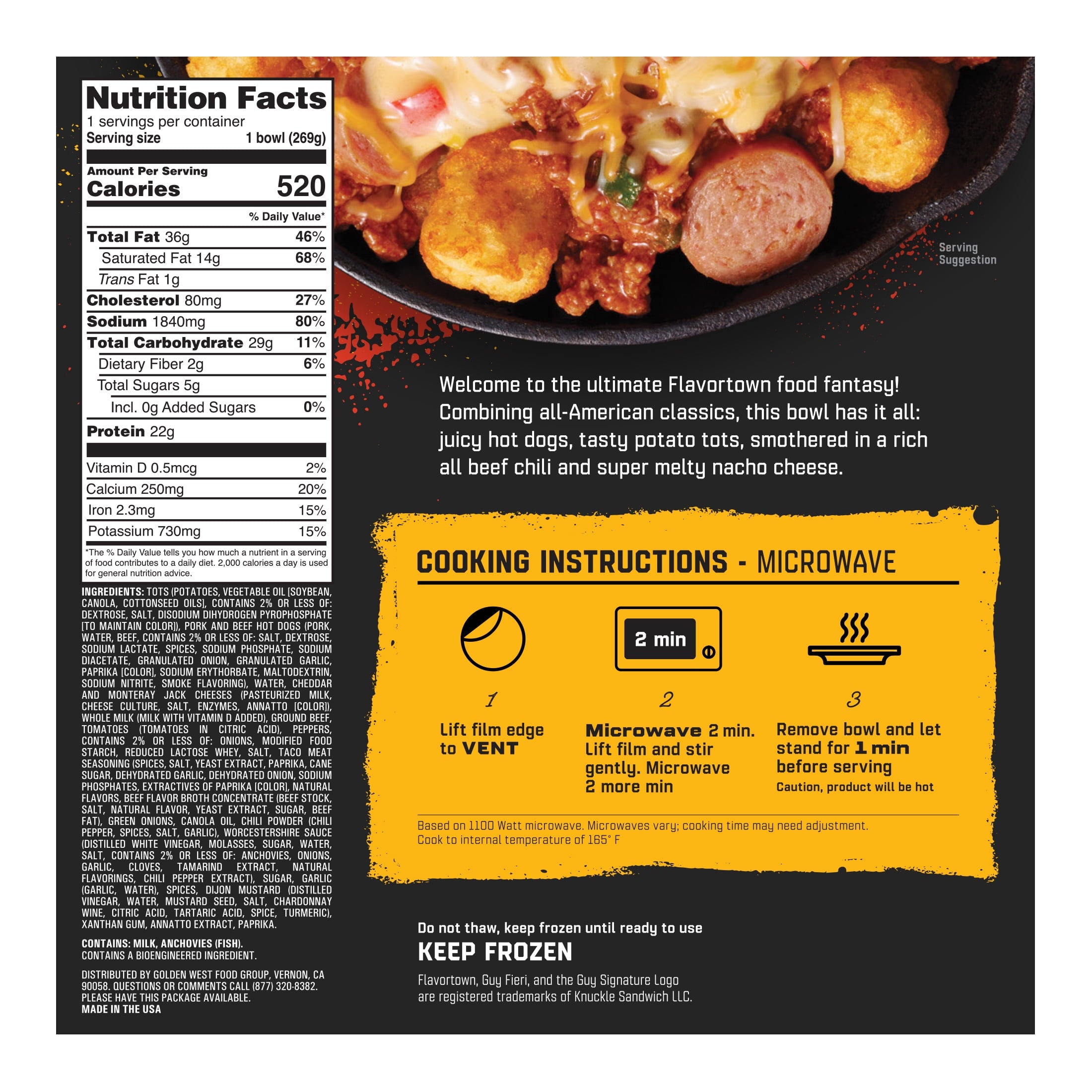 Guy Fieri's Flavortown Chili Cheese Dog Loaded Tots Frozen Bowl 9.5 Oz