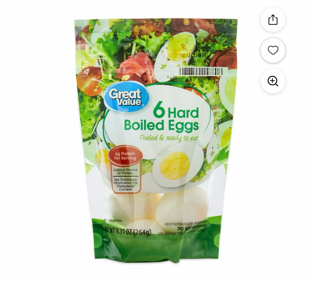 Great Value Hard Boiled Eggs, Peeled & Ready to Eat, 6 Count