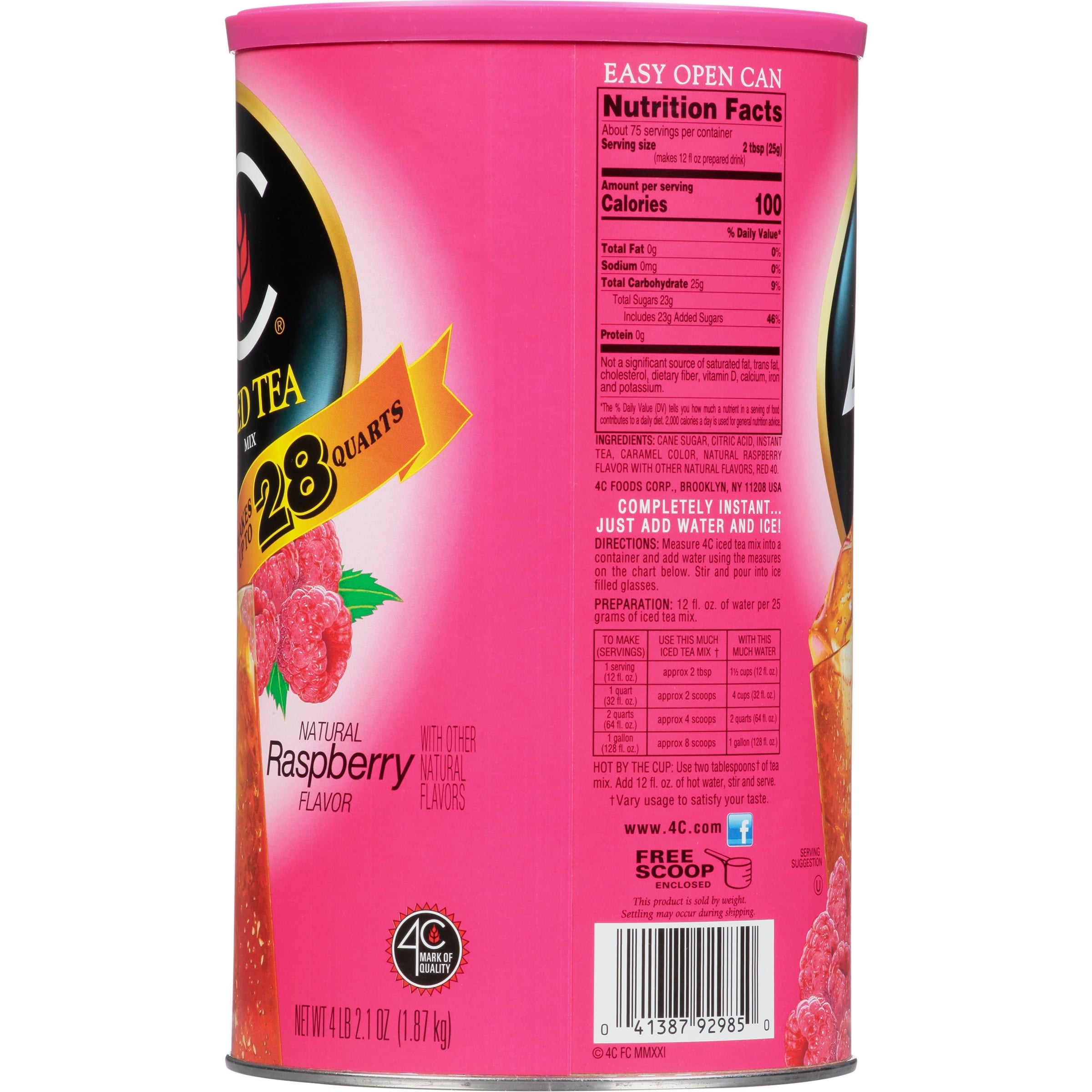4C Raspberry Naturally Caffeinated Instant Iced Tea Mix 66.1 oz Canister