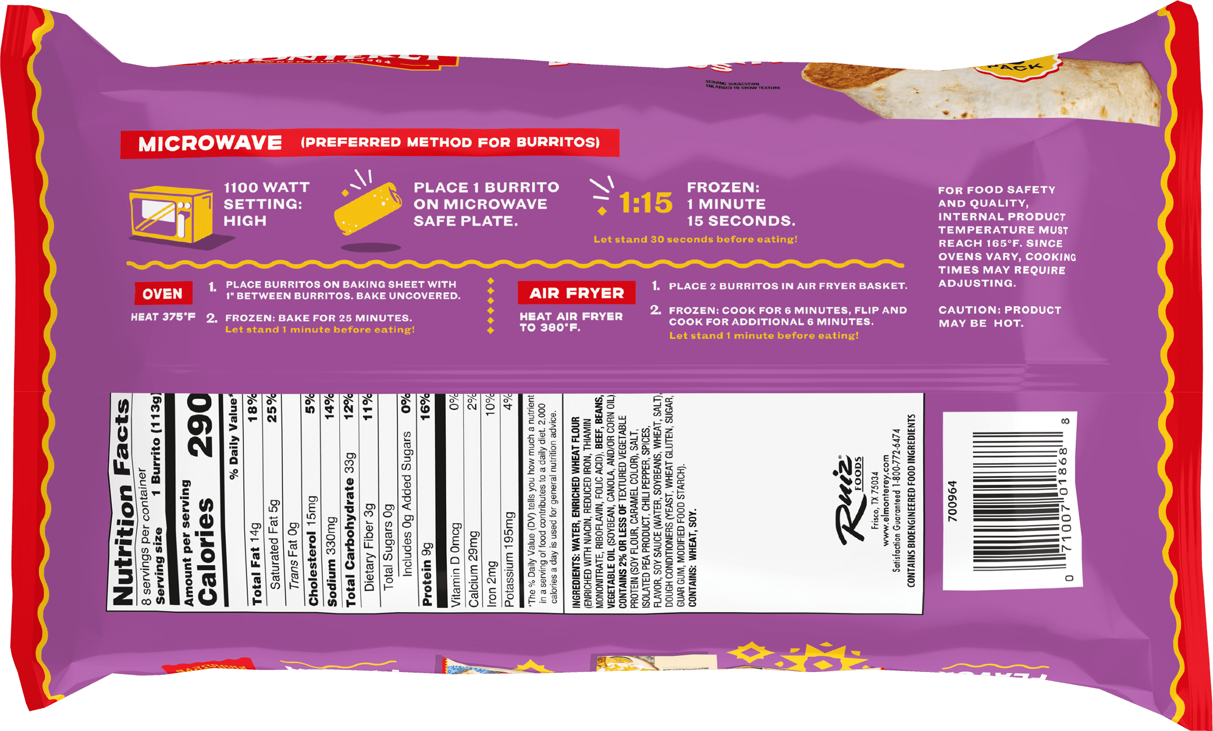 El Monterey Beef & Bean Burritos Frozen 32 Oz 8 Count