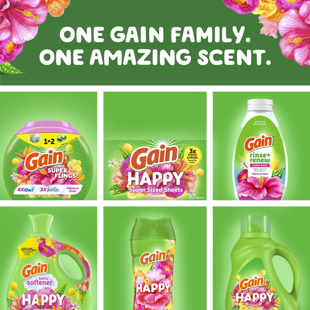 Gain Plus Flings Laundry Detergent Pacs All-In-One Happy Hibiscus Scent 32 Count
