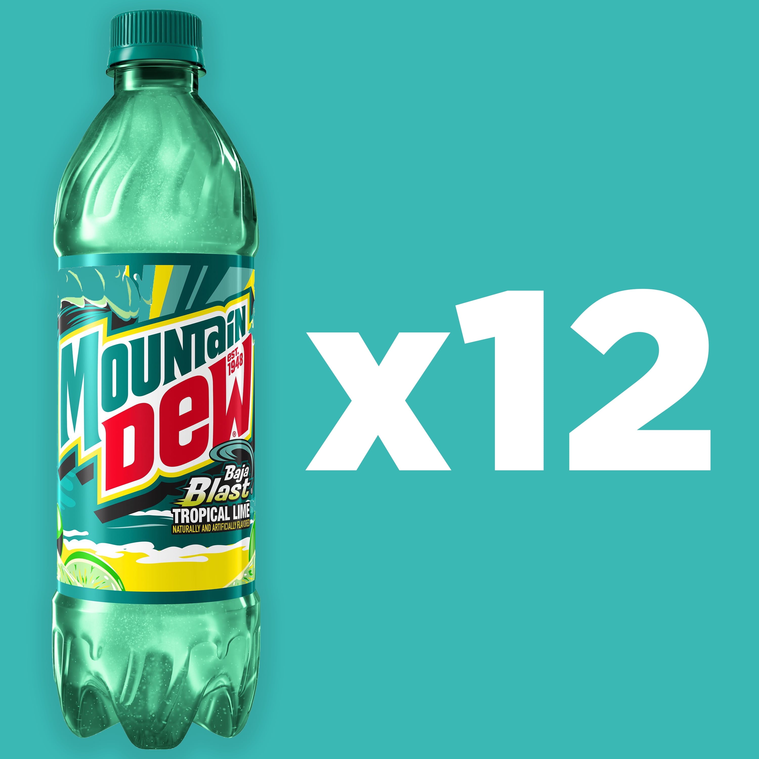 Mountain Dew Baja Blast Tropical Lime Soda Pop Bottles 16.9 Fl Oz 12 Pack