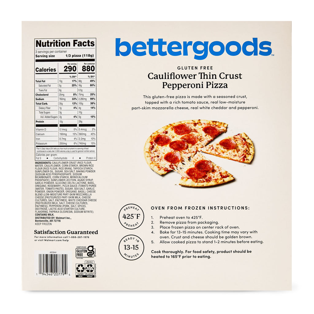 Bettergoods Gluten-Free Cauliflower Thin Crust Pepperoni Frozen Pizza 12.5 Oz