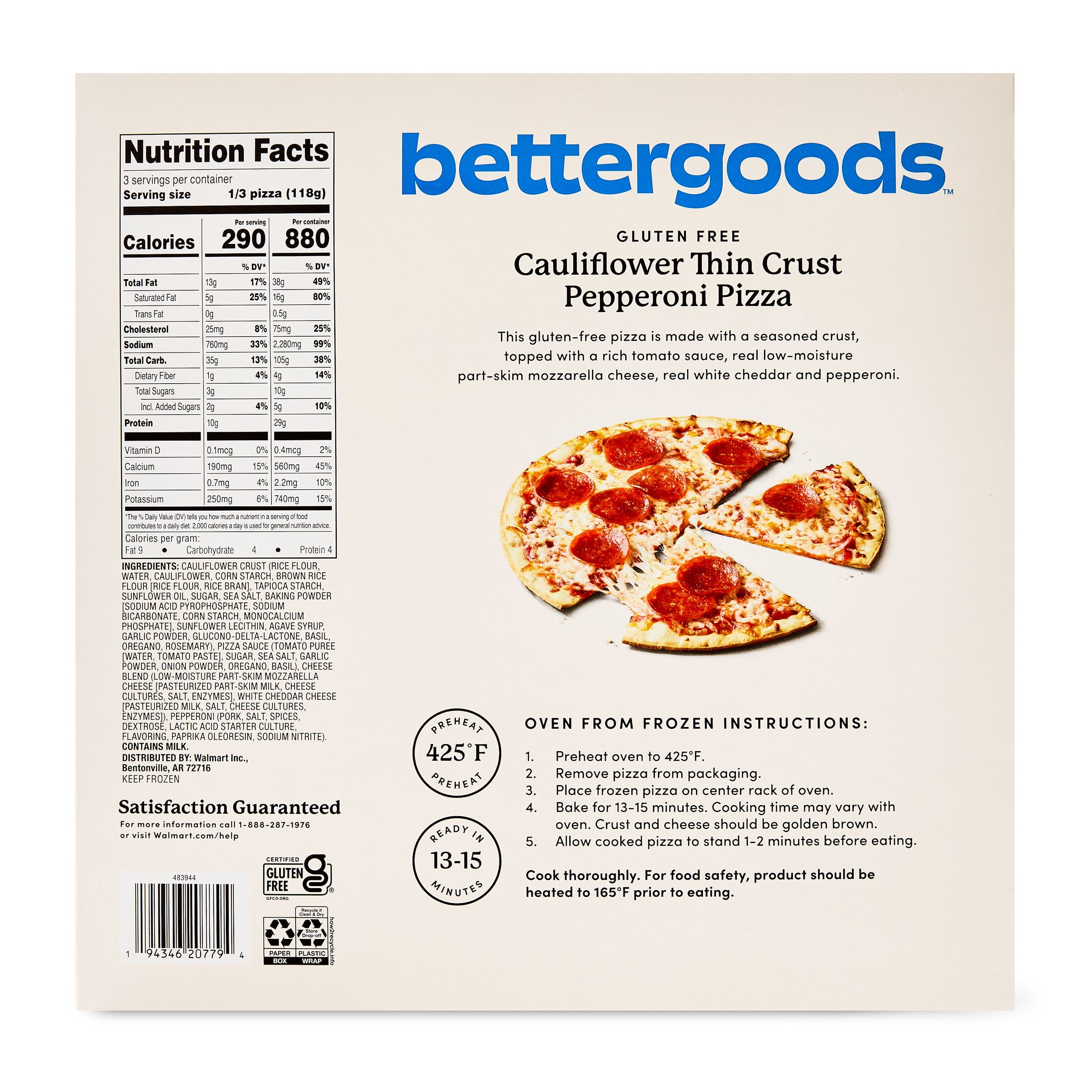Bettergoods Gluten-Free Cauliflower Thin Crust Pepperoni Frozen Pizza 12.5 Oz