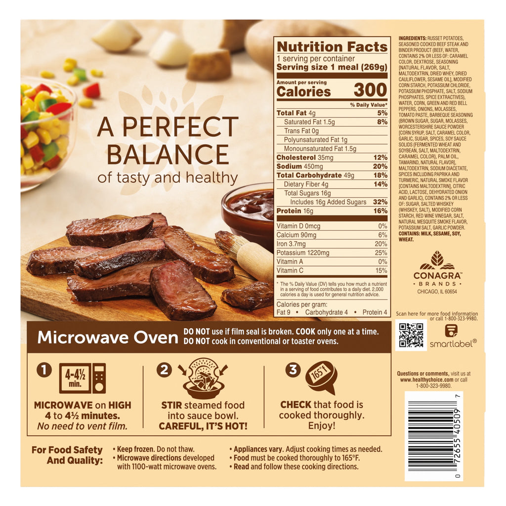 Healthy Choice Cafe Steamers Barbecue Seasoned Steak Frozen Meal 9.5 Oz