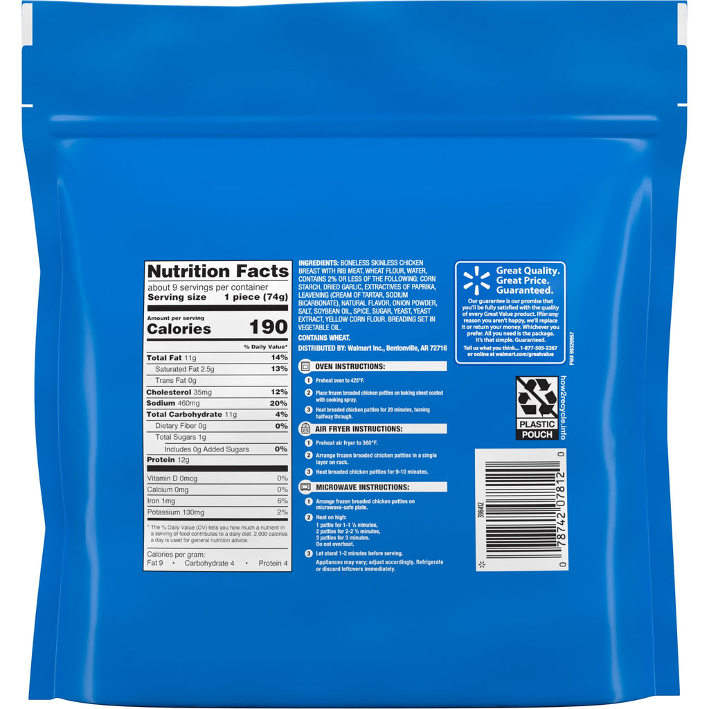 Great Value Breaded Chicken Patties Original Frozen 23.8 Oz 9 Count