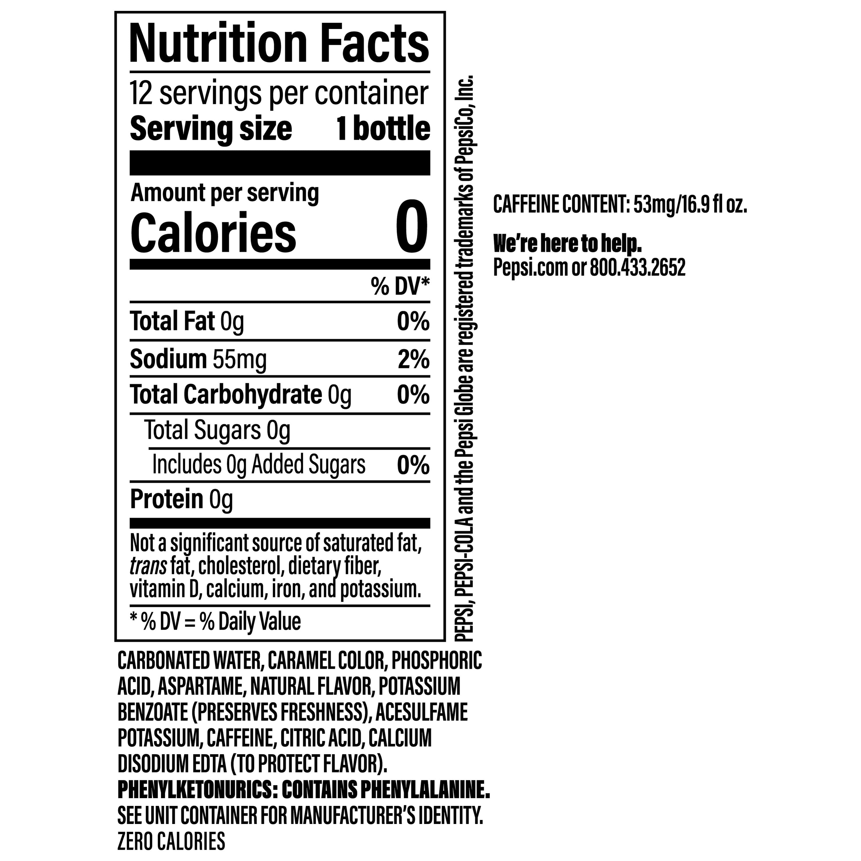 Pepsi Cola Zero Sugar Soda Pop Bottles 16.9 Fl Oz 12 Pack