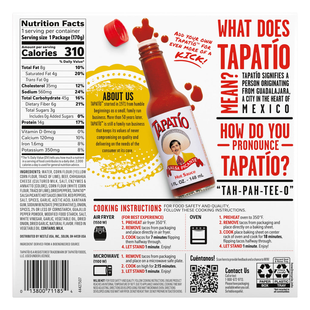 Tapatío Birria Tacos Beef Frozen Mexican Food 6 Oz