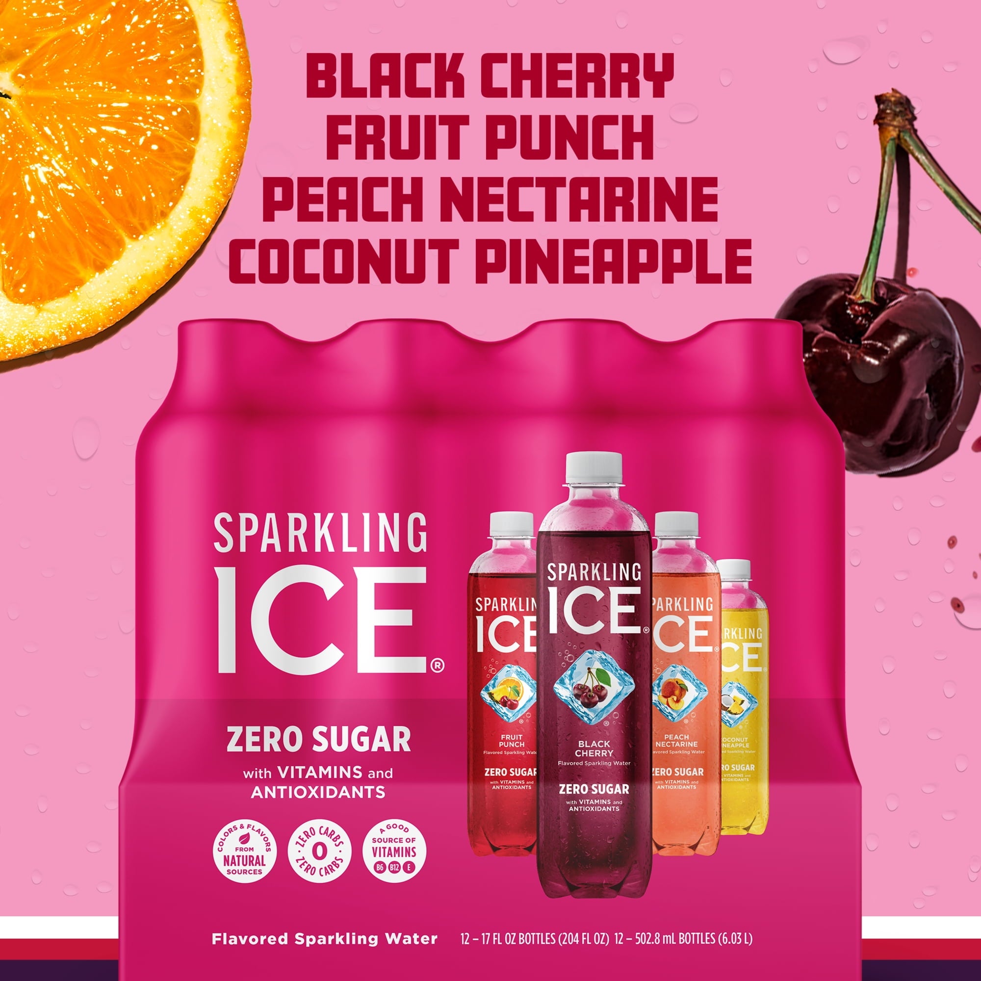 Sparkling Ice Pink Variety Pack Flavored Sparkling Water 17 fl oz 12 Count