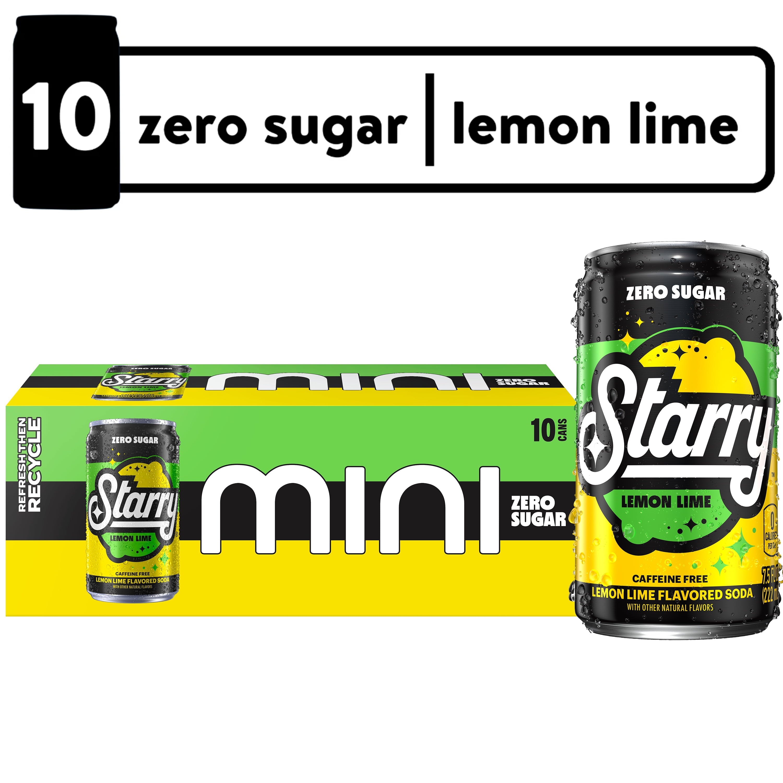 Starry Zero Sugar Lemon Lime Soda Pop Mini Cans 7.5 Fl Oz 10 Pack