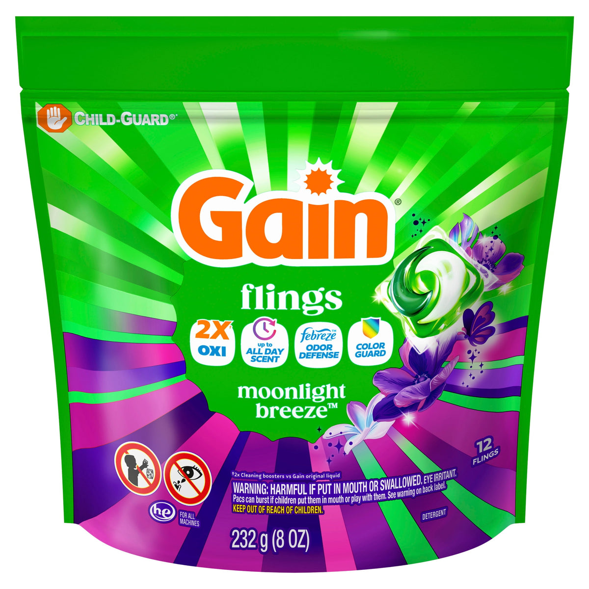 Gain Flings 4-in-1 Oxi Boost Febreze Laundry Detergent Pacs Moonlight Breeze 12 Count