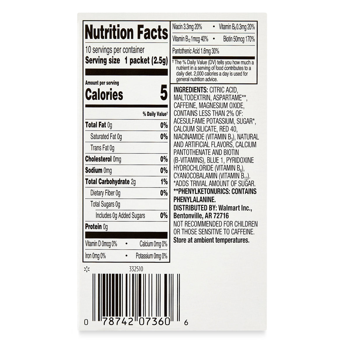Great Value Sugar-Free Blueberry Acai Energy Drink Mix Packets 0.08 oz 10 Count