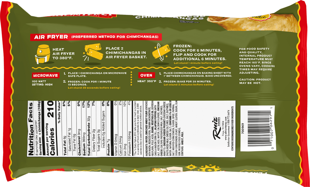 El Monterey Spicy Jalapeno Bean & Cheese Chimichangas Frozen 30.4 Oz 8 Count