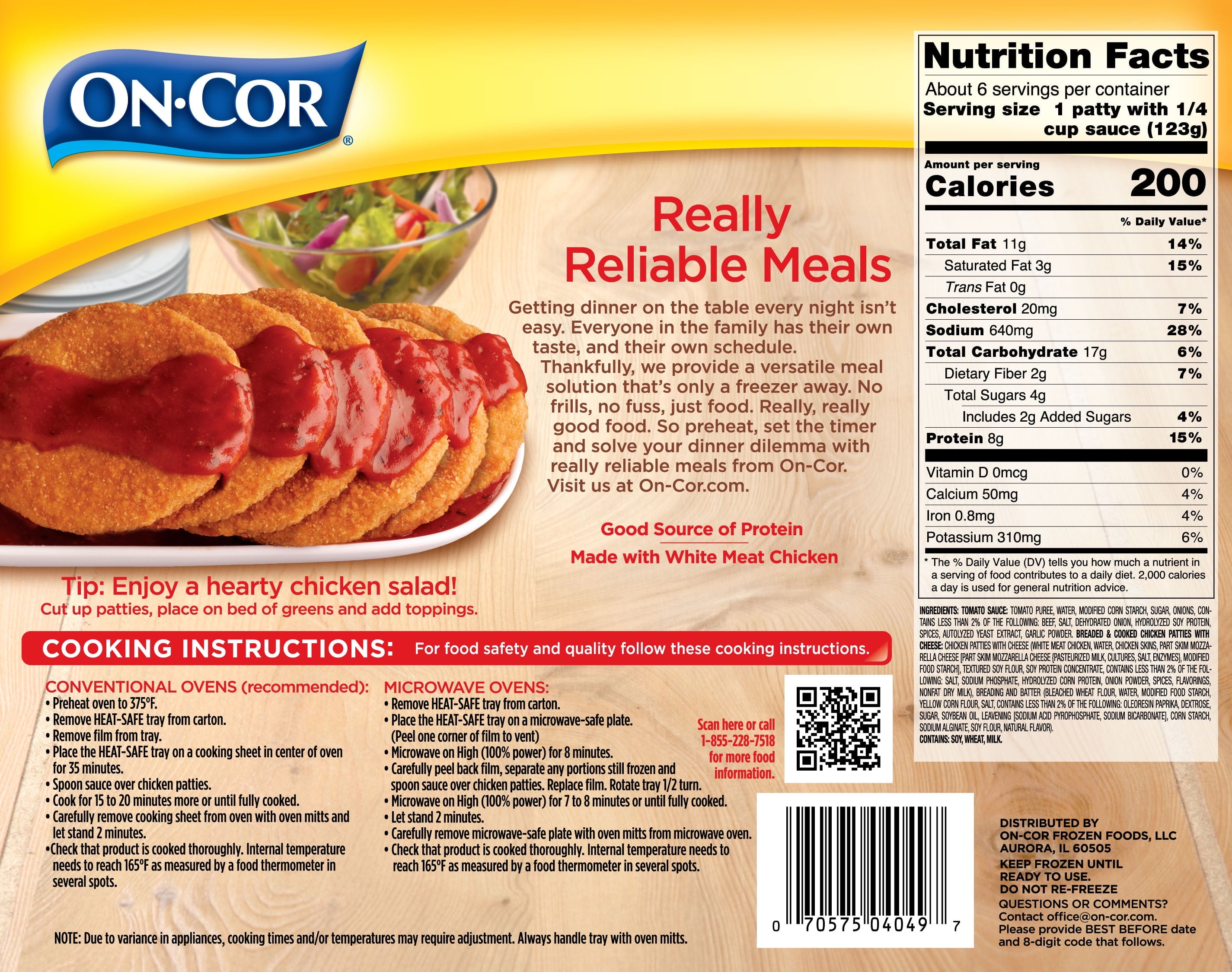 On-Cor Chicken Parmagiana With Tomato Sauce Frozen Meal 26 Oz