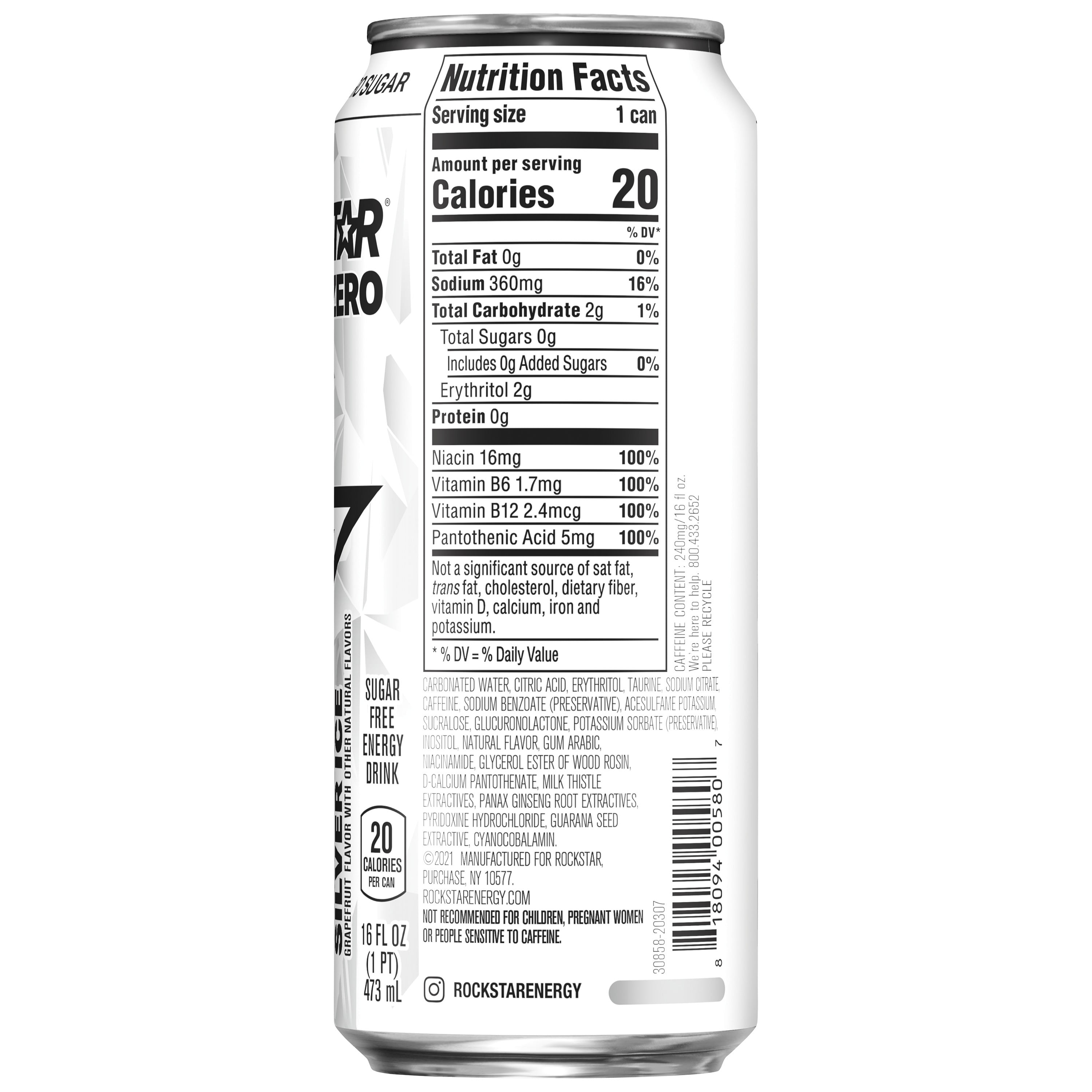 Rockstar Pure Zero Silver Ice Energy Drink 16 fl oz Single Can