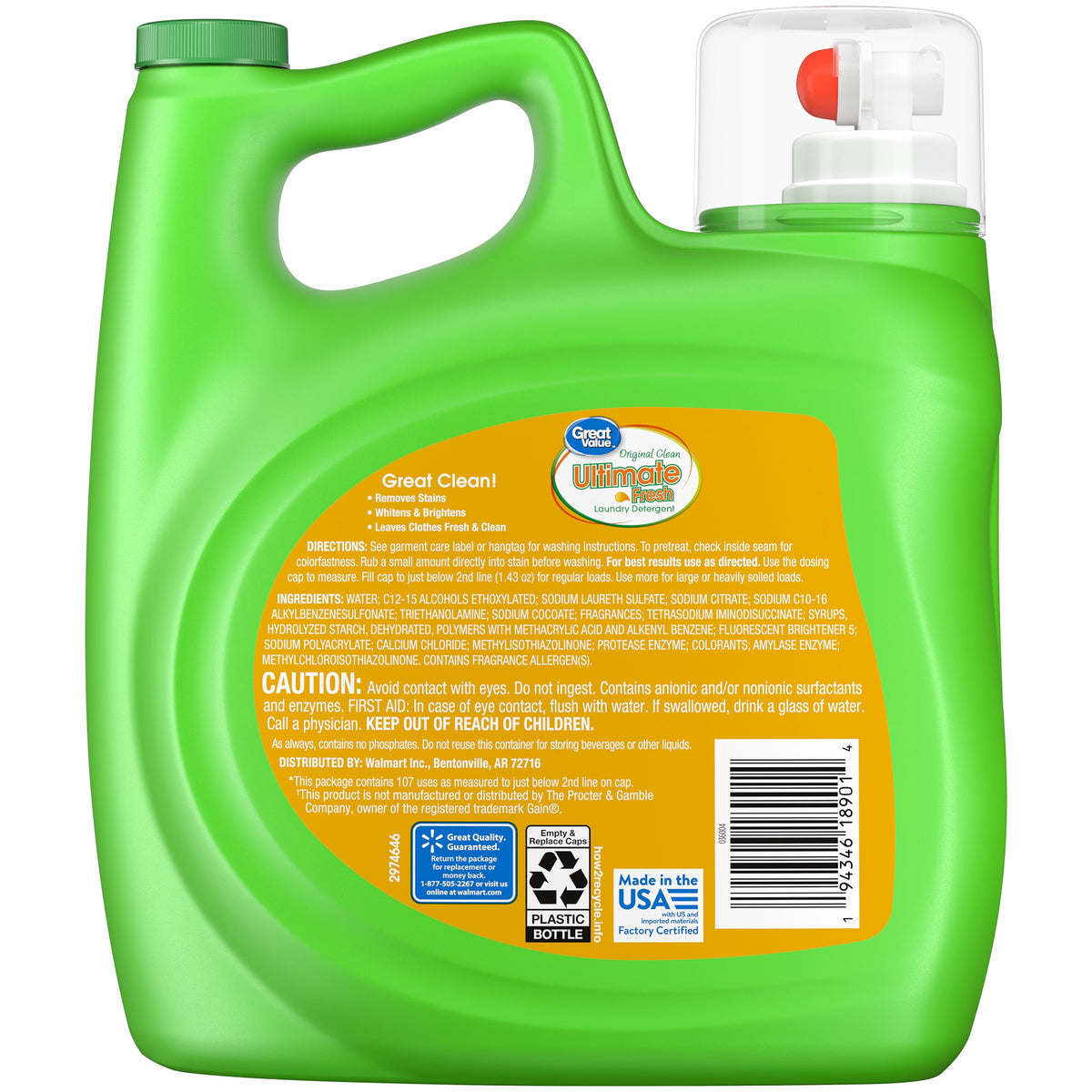 Great Value Ultimate Fresh Liquid Laundry Detergent Original Clean 154 fl oz 107 Loads