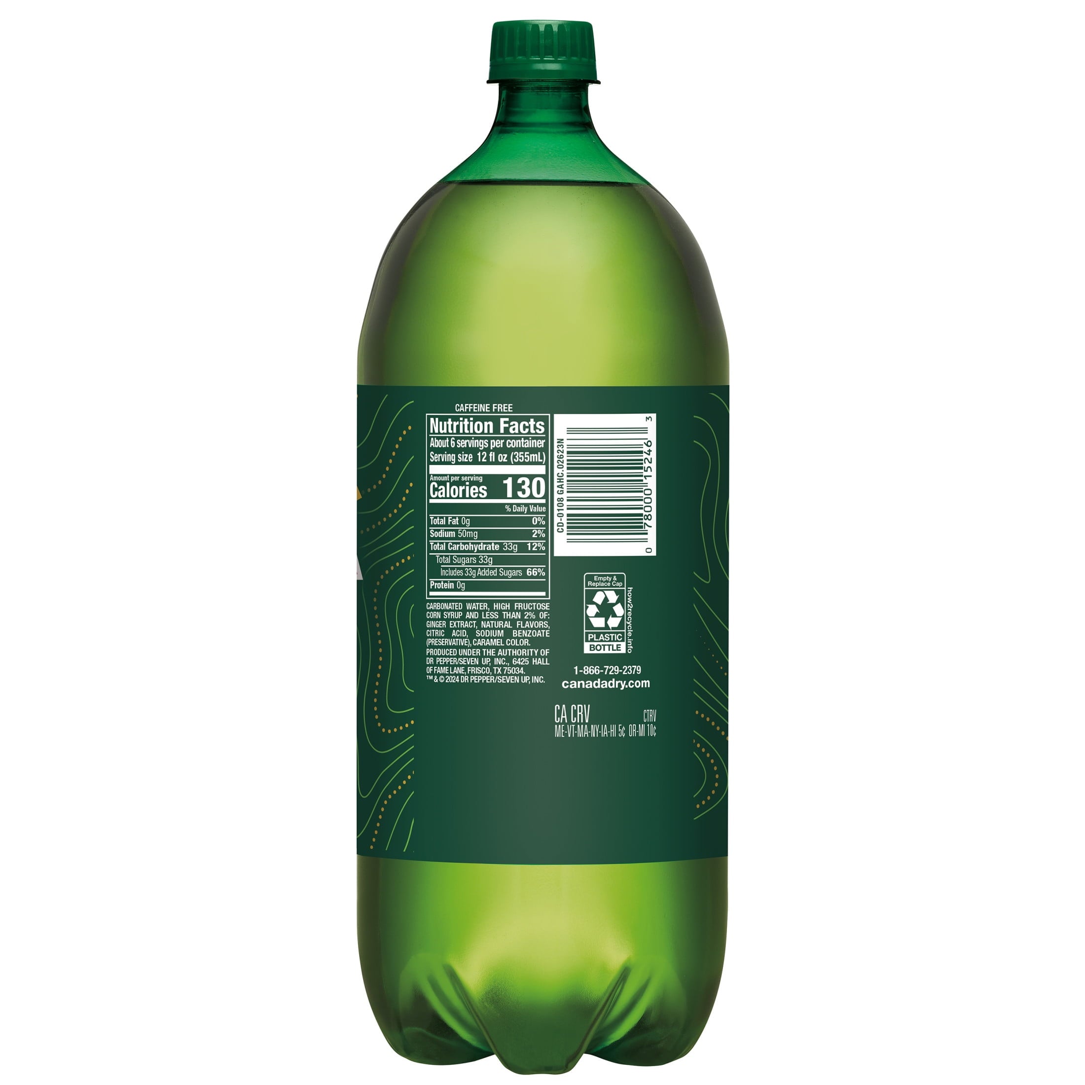 Canada Dry Caffeine Free Ginger Ale Soda Pop Bottle 2 L