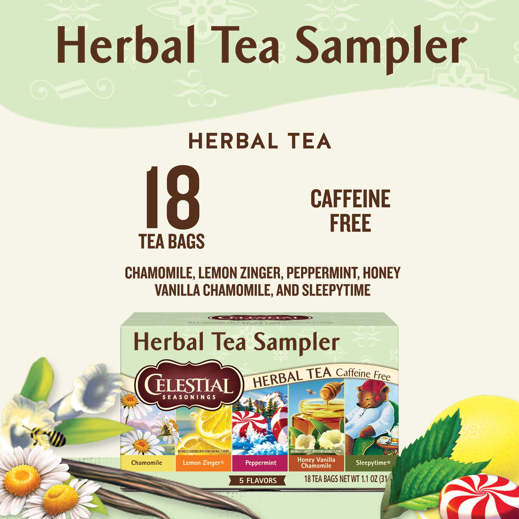 Celestial Seasonings Herbal Tea Sampler Caffeine-Free Herbal Tea Bags 18 Count