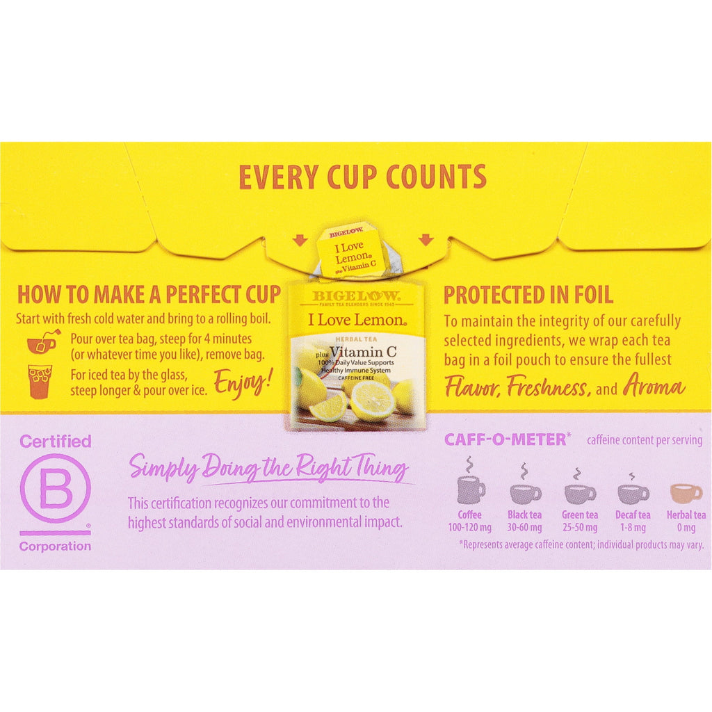 Bigelow I Love Lemon with Vitamin C Caffeine-Free Herbal Tea Bags 20 Count