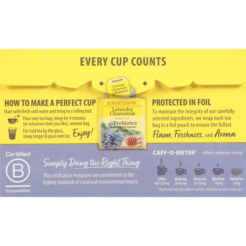 Bigelow Lavender Chamomile Plus Probiotics Caffeine Free Herbal Tea Bags 18 Count