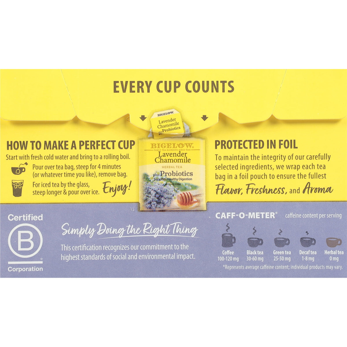 Bigelow Lavender Chamomile Plus Probiotics Caffeine Free Herbal Tea Bags 18 Count
